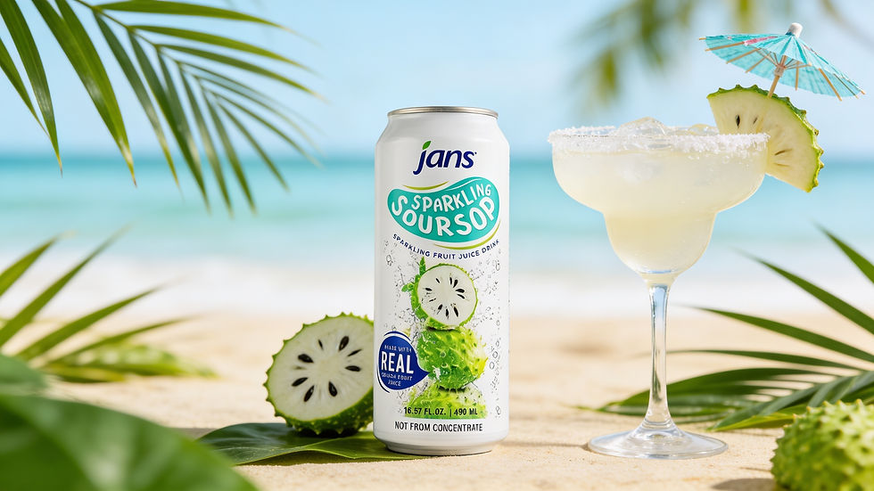 A sleek can of Jans Sparkling Soursop standing on a sunny beach next to a salted-rim coupe glass filled with a light, refreshing mocktail garnished with a small tropical umbrella.