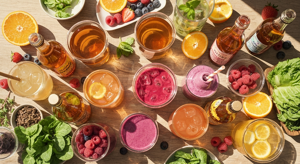 A vibrant top-down view of various colorful functional beverages in glass jars, garnished with fresh fruits like oranges, raspberries, and mint leaves on a wooden table.