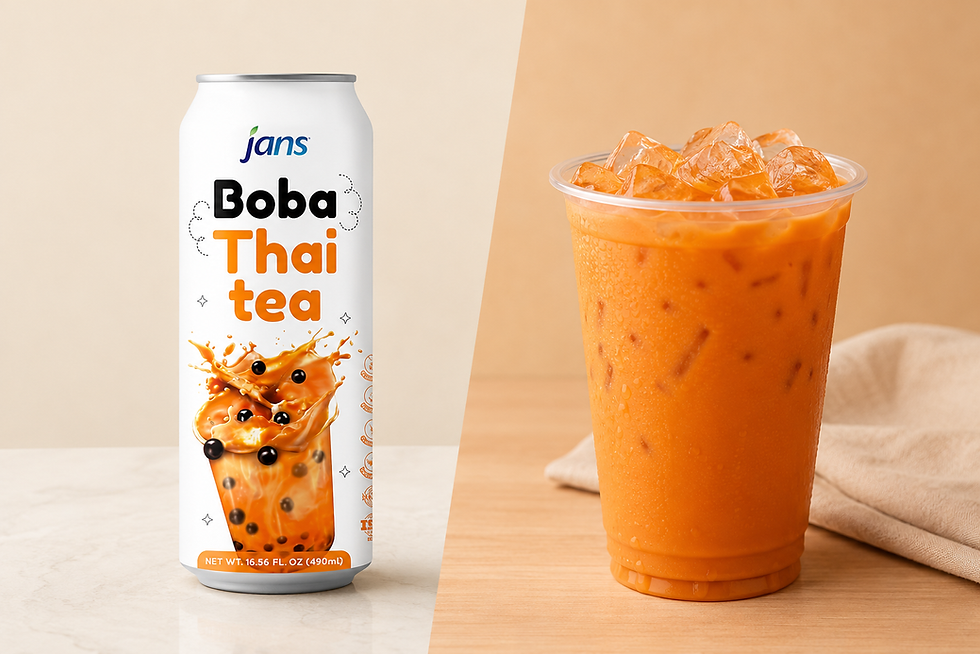 Jans Boba Thai tea can beside a clear cup of iced orange boba tea on a wood table, warm minimalist background.