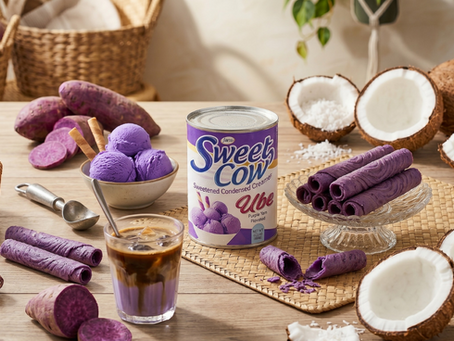 A festive dessert spread featuring crispy purple wafer rolls, scoops of vibrant ube ice cream, an iced ube coffee, and open fresh coconuts arranged next to a can of Jans Sweet Cow Ube Sweetened Condensed Creamer on a wooden table.