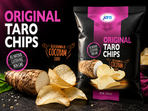 Black-and-pink Jans Original Taro Chips bag beside taro root and chips; text says all natural, gluten free, non GMO.