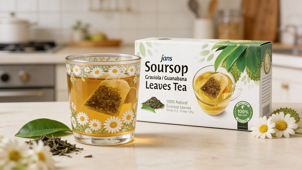A daisy-patterned glass cup filled with golden soursop and chamomile herbal tea containing a submerged tea bag, standing on a kitchen counter next to a white box of Jans Soursop Leaves Tea.