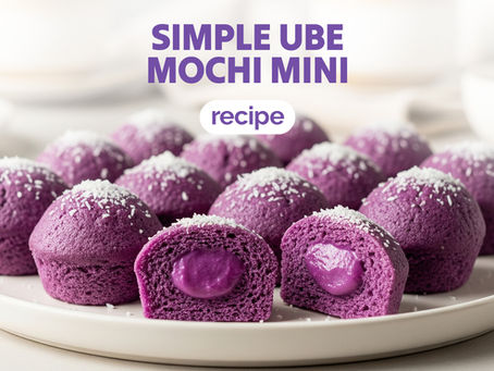 Simple Ube Mini Mochi recipe, showing a pile of purple mochi dusted with coconut flakes, and one cut in half to show the filling.