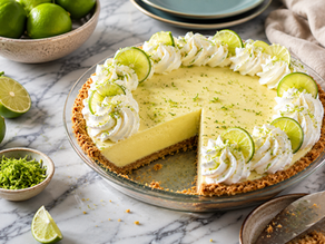 A freshly baked key lime pie in a glass dish on a marble countertop, beautifully garnished with whipped cream dollops, fresh lime wheels, and grated lime zest.
