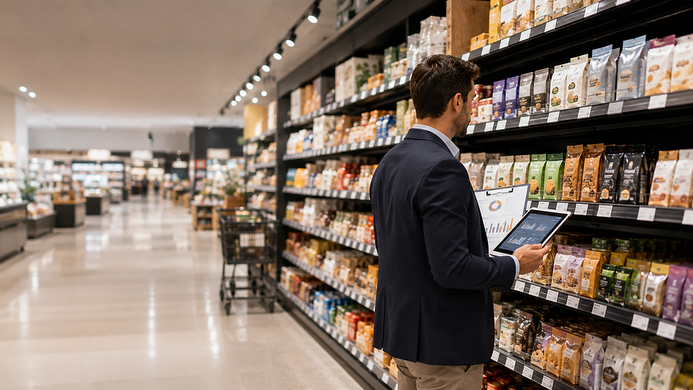 Man in a navy blazer checks inventory on a tablet in a brightly lit grocery aisle lined with packaged snacks and labels.