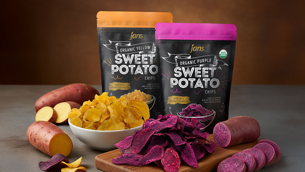 Two bags of jans sweet potato chips, one in orange and one in purple, with bowls of yellow and purple chips, against a brown background.