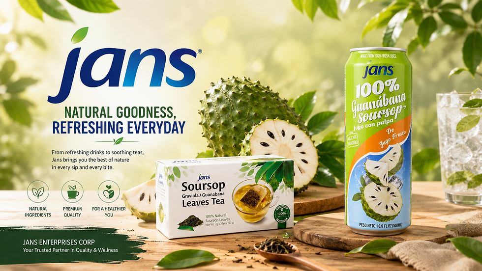 Jans soursop tea box and juice can beside fresh soursop fruit on a sunny wooden table, with green leaves and product text visible.