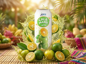 A vibrant can of JANS Calamansi Juice featured front and center with a dynamic golden juice splash, surrounded by fresh sliced calamansi fruit on a rustic table with tropical fruits blurred in the background.