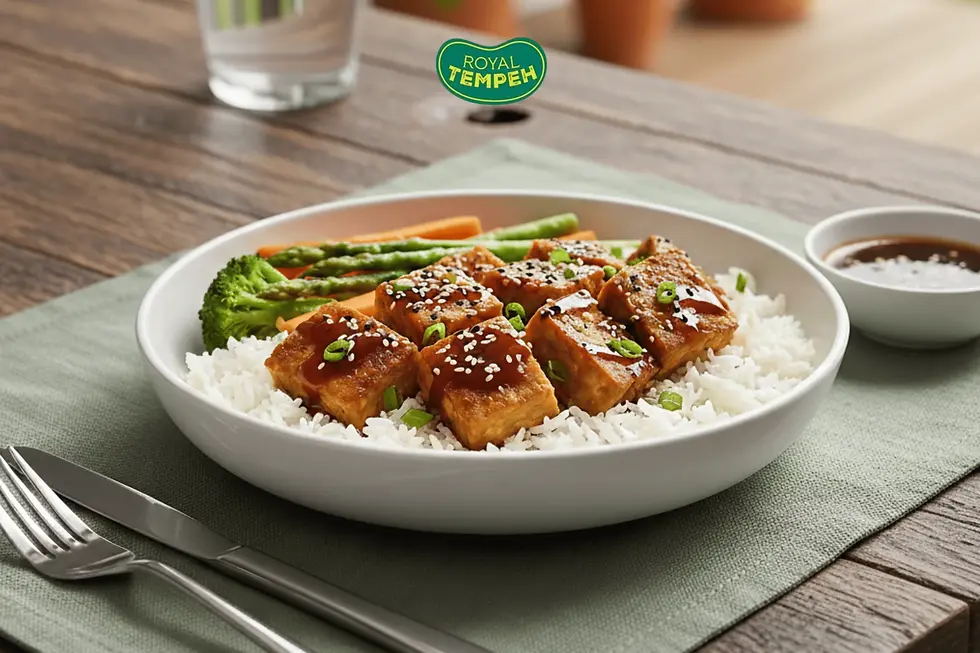 A bowl of tempeh teriyaki bowl featuring glazed Royal Tempeh over white rice, served with broccoli, carrots, and asparagus, garnished with sesame seeds.