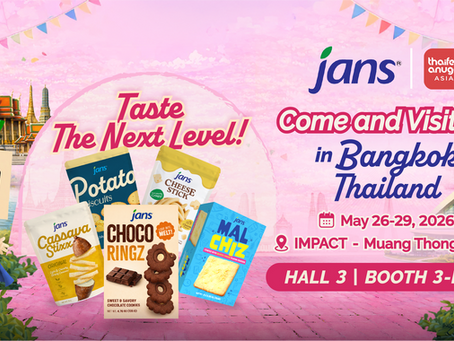 A festive pink and purple promotional banner for Jans at THAIFEX Anuga Asia 2026 in Bangkok, Thailand, showcasing product packaging for Potato Biscuits, Cassava Stixx, Choco Ringz, and Mal Chiz next to event dates and location details.
