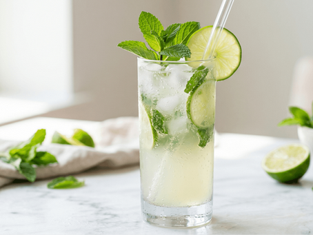 A tall glass of an easy soursop drink recipe filled with ice, fresh mint leaves, and lime slices, set against a bright, airy kitchen background.
