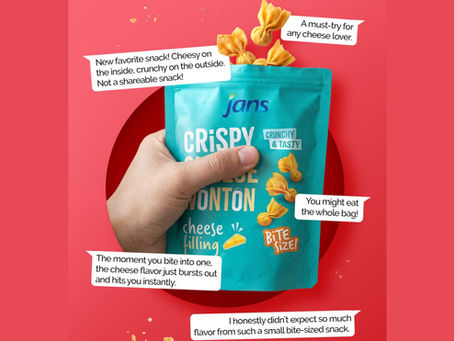 A hand holding a teal bag of Jans Crispy Cheese Wonton against a red background, with text bubbles highlighting it as a "must-try for any cheese lover".