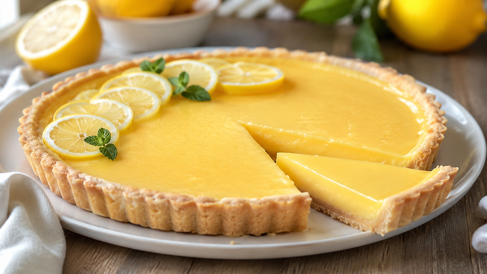 Lemon tart on a white plate, topped with lemon slices and mint, with one slice cut out on a rustic table.