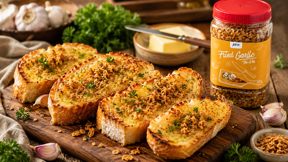Garlic bread slices topped with fried garlic on a wooden board beside a jar labeled Jans Fried Garlic, with butter and herbs.