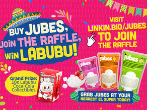Promotional graphic for the Jubes raffle, showing Jans Jubes products and the Labubu prize with the text "Buy Jubes, Join The Raffle, Win Labubu!".