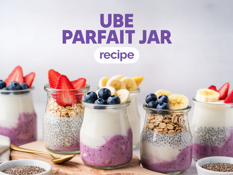 Ube Parfait Jars with layers of yogurt, fruit, and oats