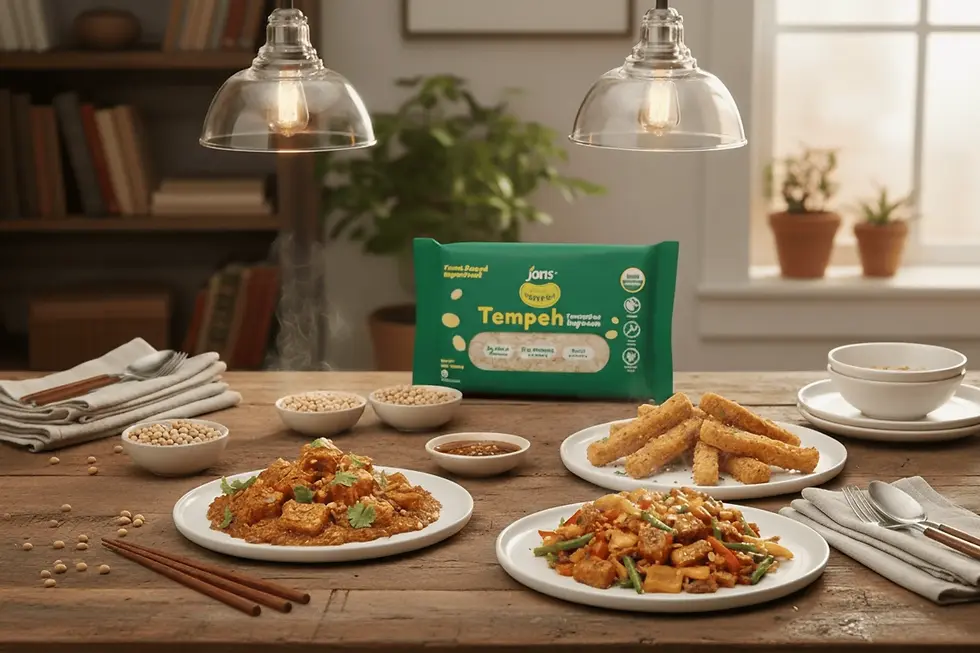 Multiple plates of cooked tempeh dishes and chopsticks on a wooden table, featuring a green package of Jans Royal Tempeh.