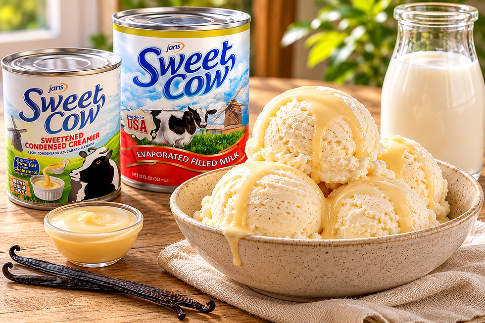 A ceramic bowl filled with scoops of vanilla ice cream drizzled with condensed creamer, displayed next to cans of Jans Sweet Cow Sweetened Condensed Creamer and Evaporated Filled Milk.
