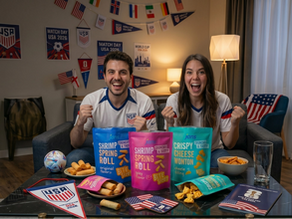 Two excited fans wearing soccer jerseys cheering on a couch behind a coffee table stacked with plates of spring rolls and three colorful bags of Jans Shrimp Spring Rolls and Jans Crispy Cheese Wontons, surrounded by festive team banners.