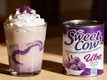 A tall glass filled with a creamy milk tea featuring a vibrant purple ube syrup swirl, topped with whipped cream and purple yam powder, standing next to a can of Jans Sweet Cow Ube Sweetened Condensed Creamer.