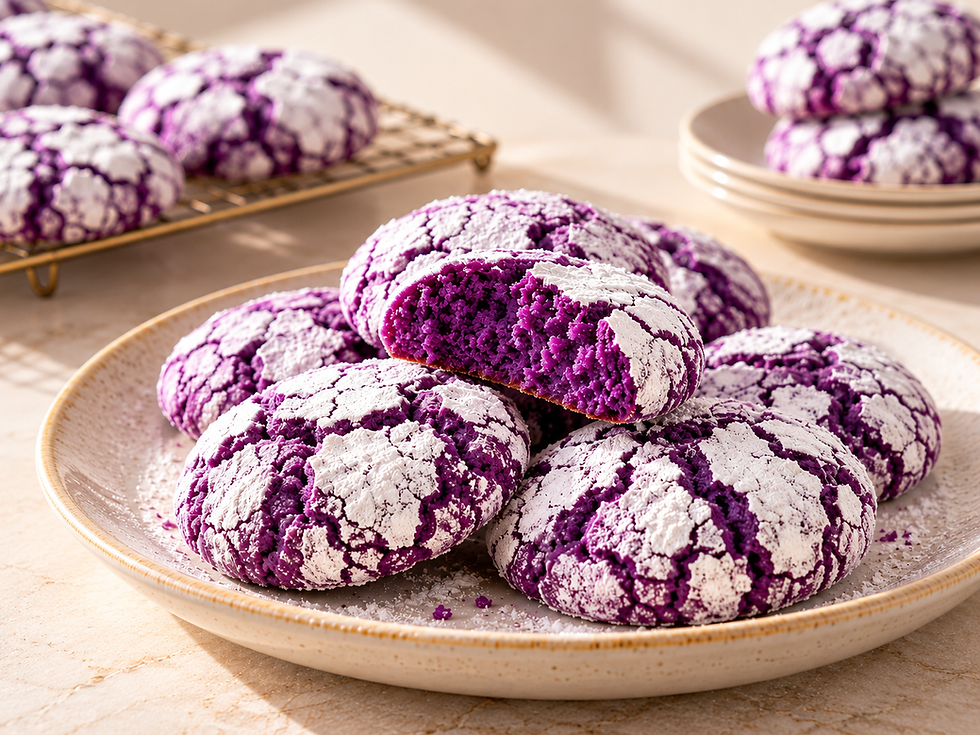 Purple crinkle cookies dusted with powdered sugar, one broken open on a plate, more on a rack and bowl behind.
