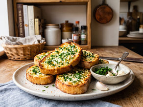 Garlic bread slices topped with fried garlic on a wooden board beside a jar labeled Jans Fried Garlic, with butter and herbs.