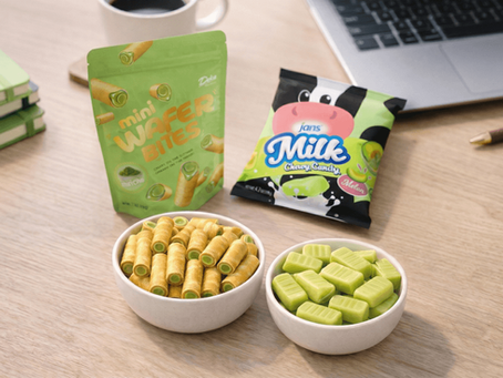 A desk setting featuring bags and bowls of Jans Milk Chewy Candy (Melon Flavor) and Mini Wafer Bites, displayed next to a laptop and notebooks.