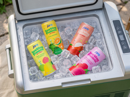 Open cooler filled with ice holds four colorful Jans sparkling prebiotic cans outdoors at a sunny picnic setup.
