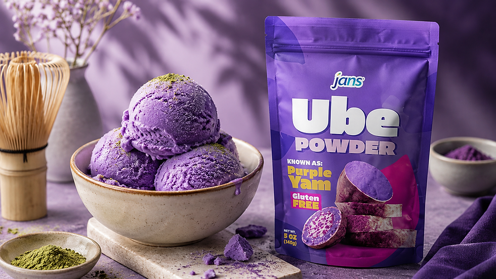 Purple ube ice cream scoops in a bowl beside a Jans Ube Powder bag, with purple decor and powder on a tabletop.