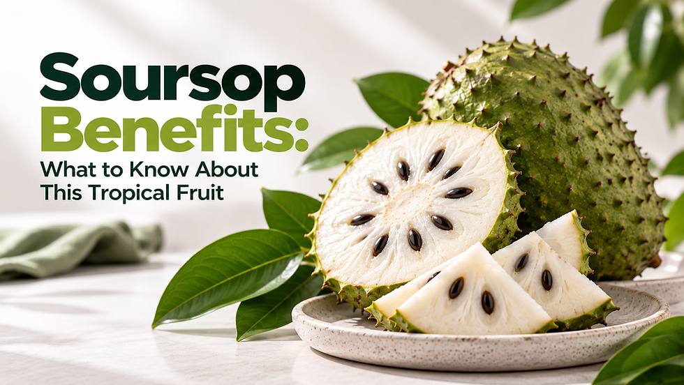 Soursop fruit halves and slices on a plate with green leaves; text reads Soursop Benefits: What to Know About This Tropical Fruit