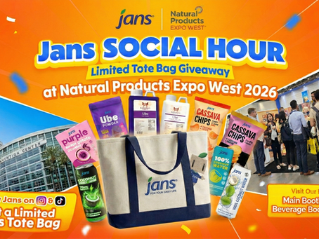 A promotional banner for Jans Social Hour at Natural Products Expo West 2026, featuring a limited tote bag giveaway filled with Jans products like Ube Powder and Cassava Chips.