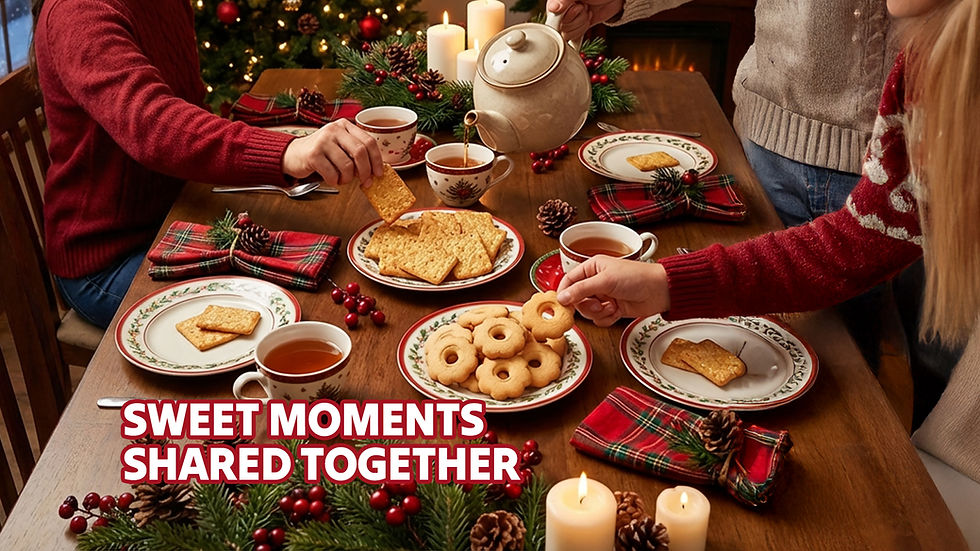 A cozy holiday table featuring Jans Coco Ringz and Jans Cheez Ringz snacks served with tea, provided by top asian food distributors.