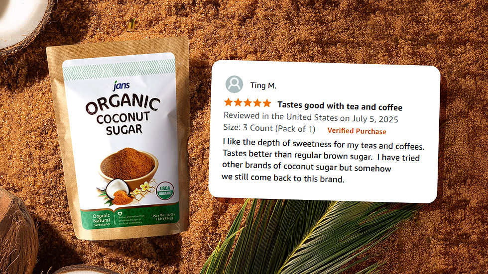 A bag of Jans Organic Coconut Sugar next to a customer review from customer praising its deep, sweet flavor.