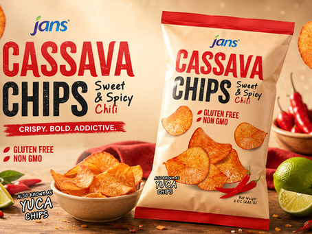 Jans cassava chips bag and bowl of chips with limes and red chilies; packaging says Sweet & Spicy Chili, gluten free, non GMO.