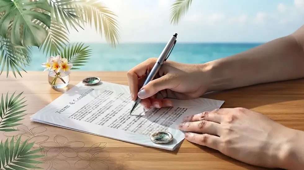 Studio photography of a person signing a document on a wooden desk. Tropical beach background with palm fronds creates a relaxed, vacation-oriented atmosphere.