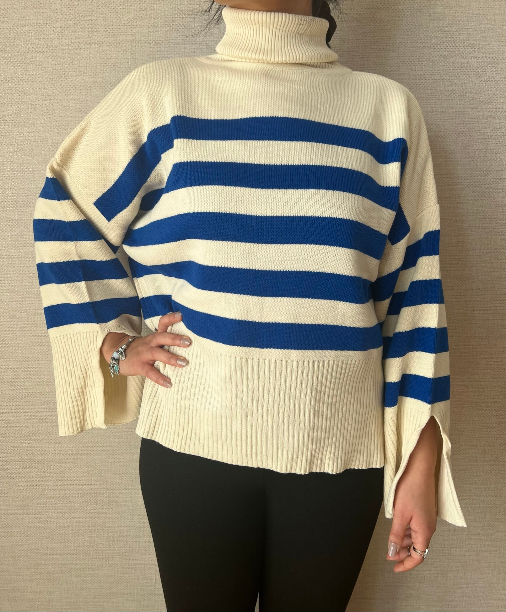 Lacivert Yatay Çizgili İspanyol Kol Boğazlı Triko