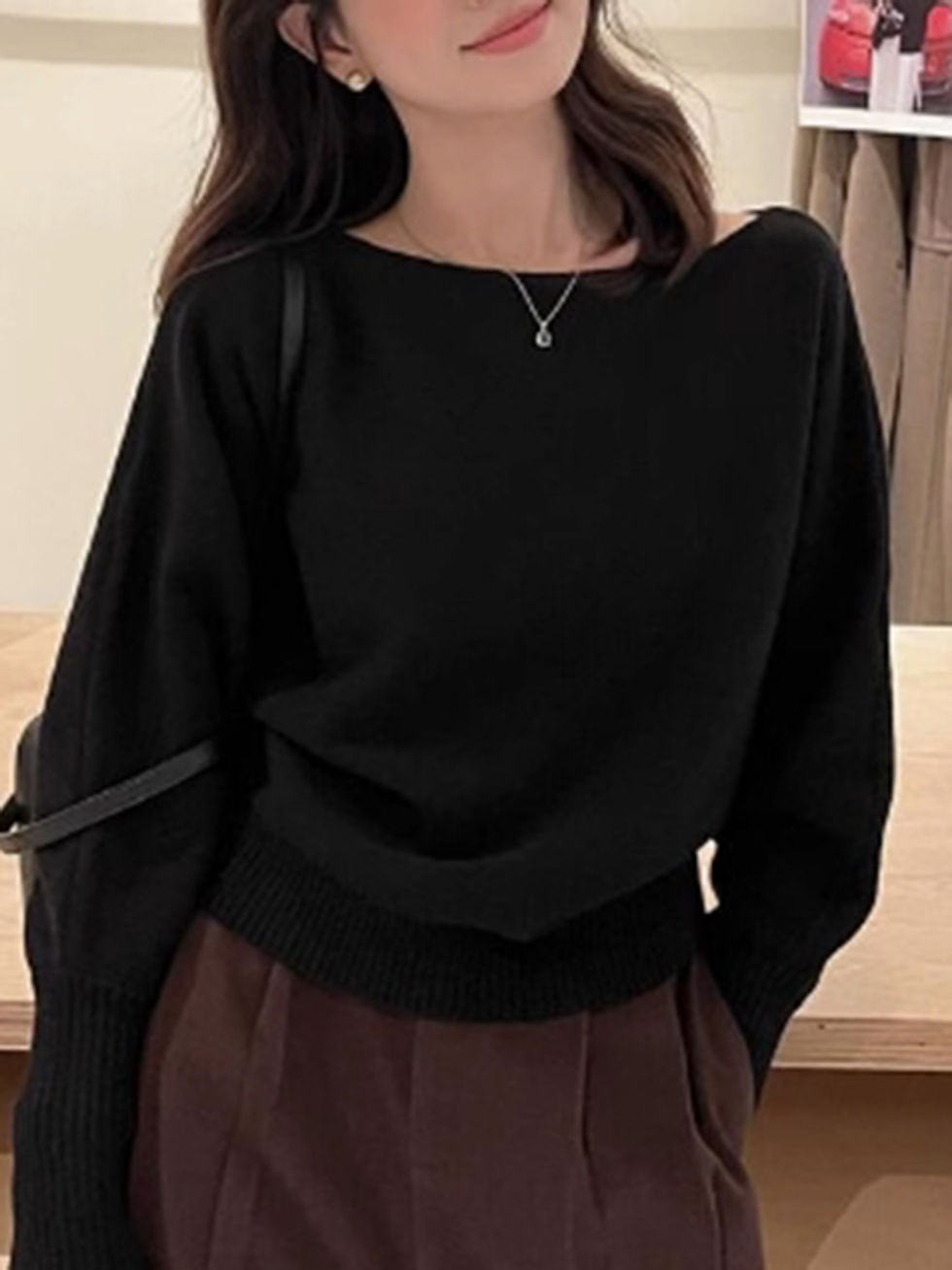 Thumbnail: Off Shoulder Knit Top for Women Slash Neck Rib-knit Batwing Sleeve Sweater Pullo