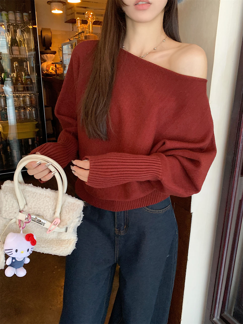 Thumbnail: Off Shoulder Knit Top for Women Slash Neck Rib-knit Batwing Sleeve Sweater Pullo