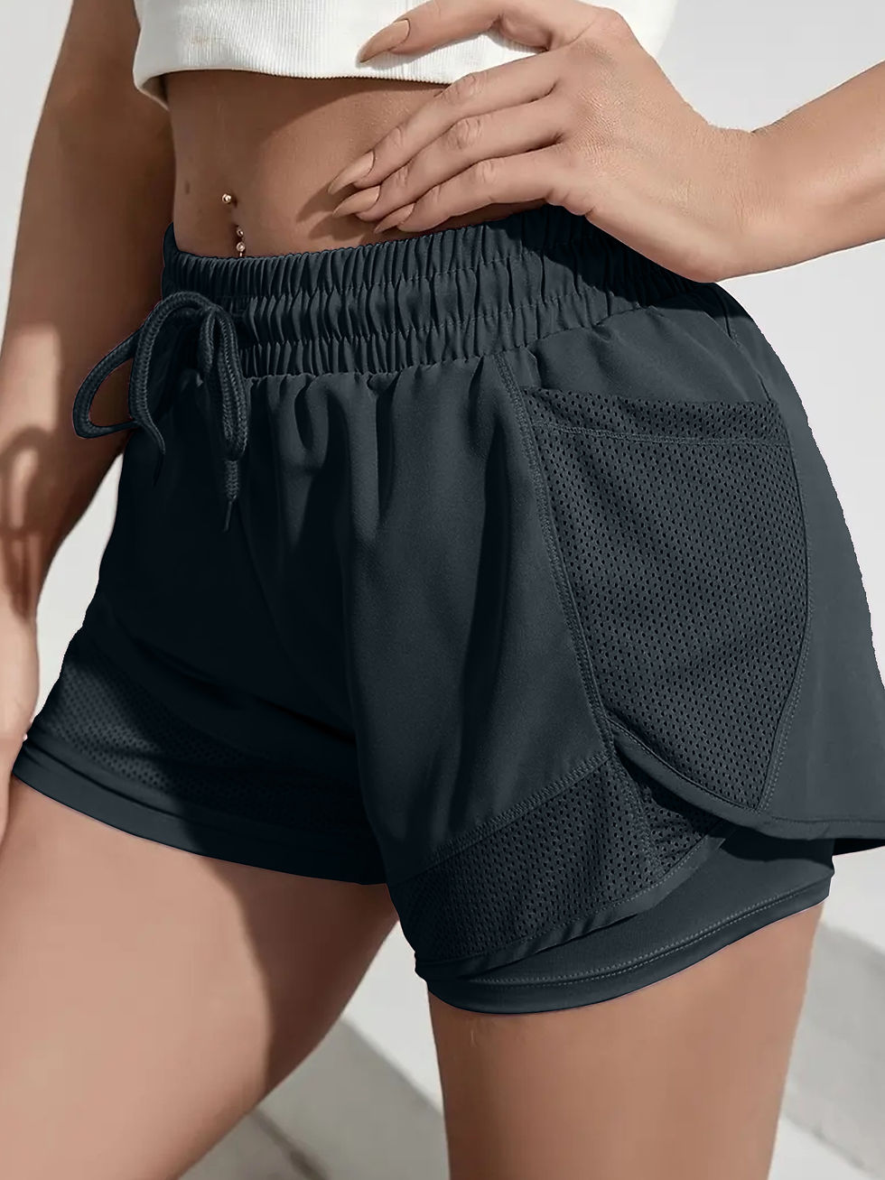 Thumbnail: Women's Elastic Sports Shorts, Shorts With Pockets, Fake Two-Piece Yoga Leggings