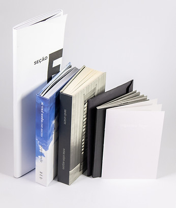 Fotografia com fundo branco e seis livros de cores e tamanhos diferentes, dispostos em pé.