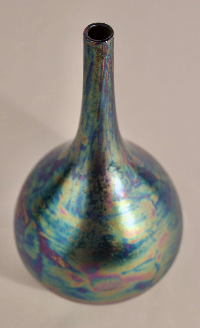 Thumbnail: Ruskin Pottery Kingfisher Glaze Teardrop form Vase 1922