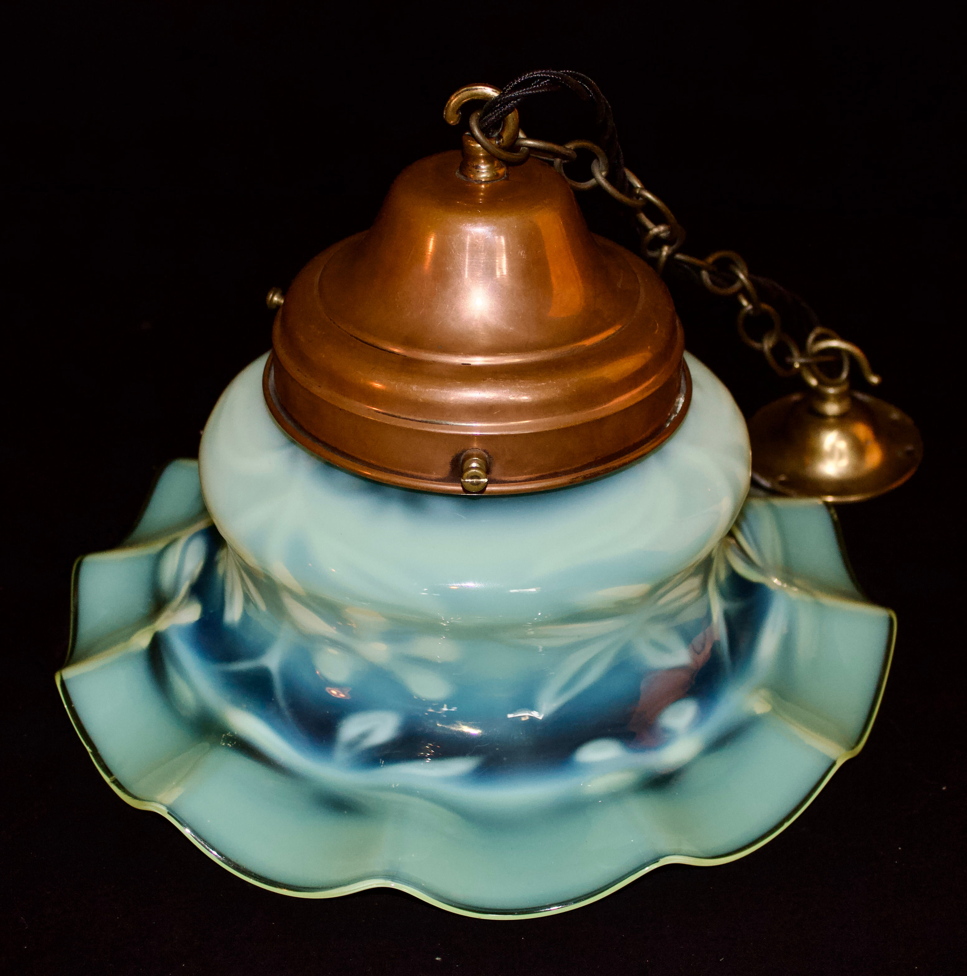 Large Arts and Crafts Richardsons vaseline glass & copper ceiling light