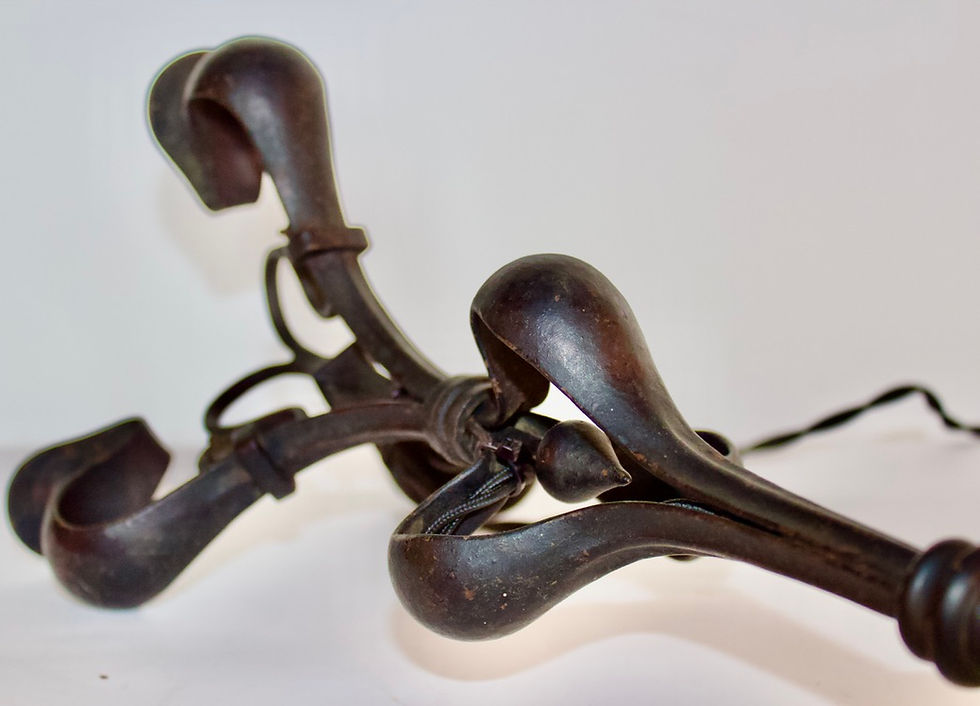 Thumbnail: Stylish Arts and Crafts wrought iron table lamp with vaseline glass shade