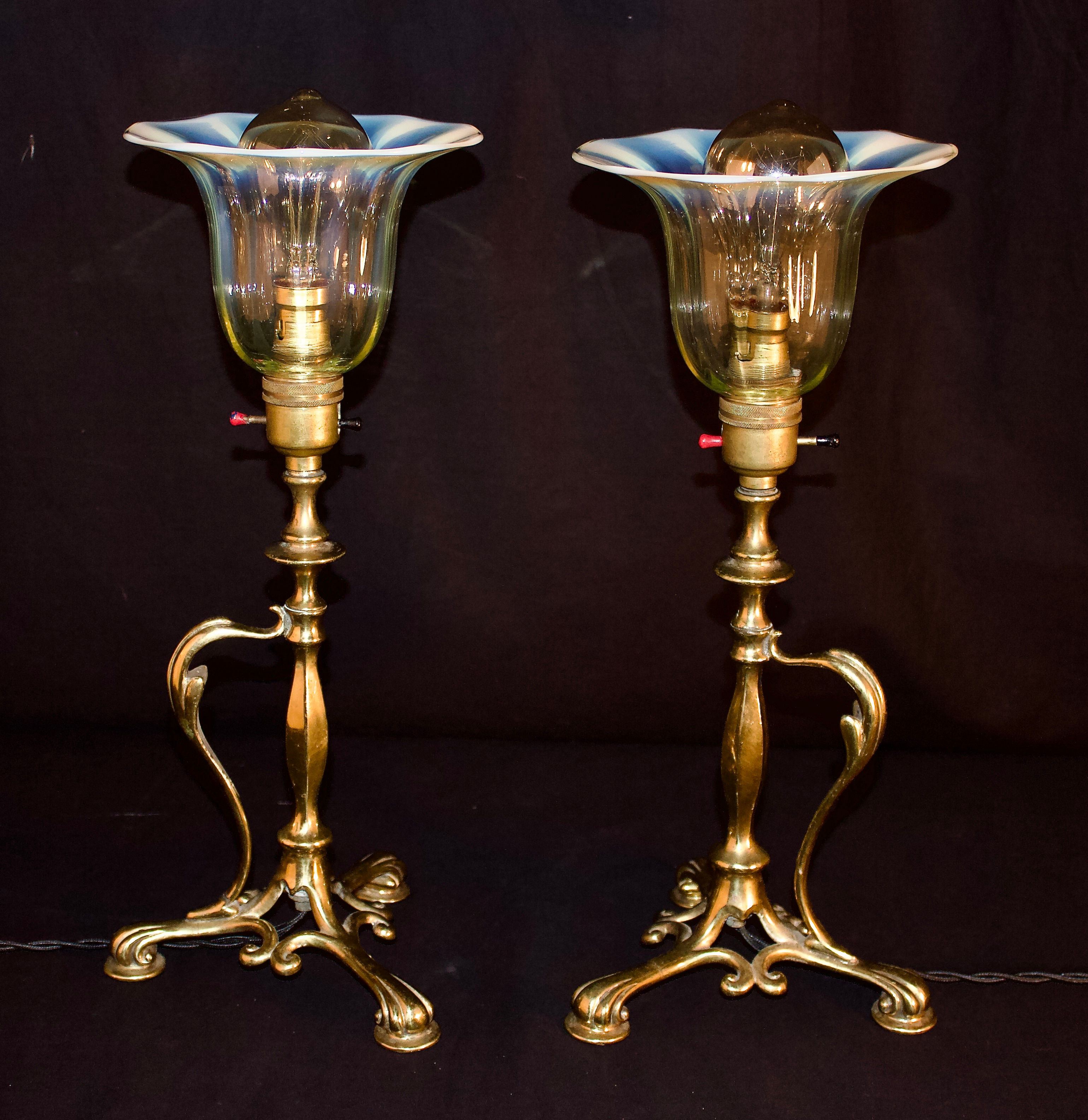 Pair of WAS Benson style Arts and Crafts Table Lamps with Vaseline Shades