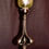 Thumbnail: Stylish Arts and Crafts wrought iron table lamp with vaseline glass shade