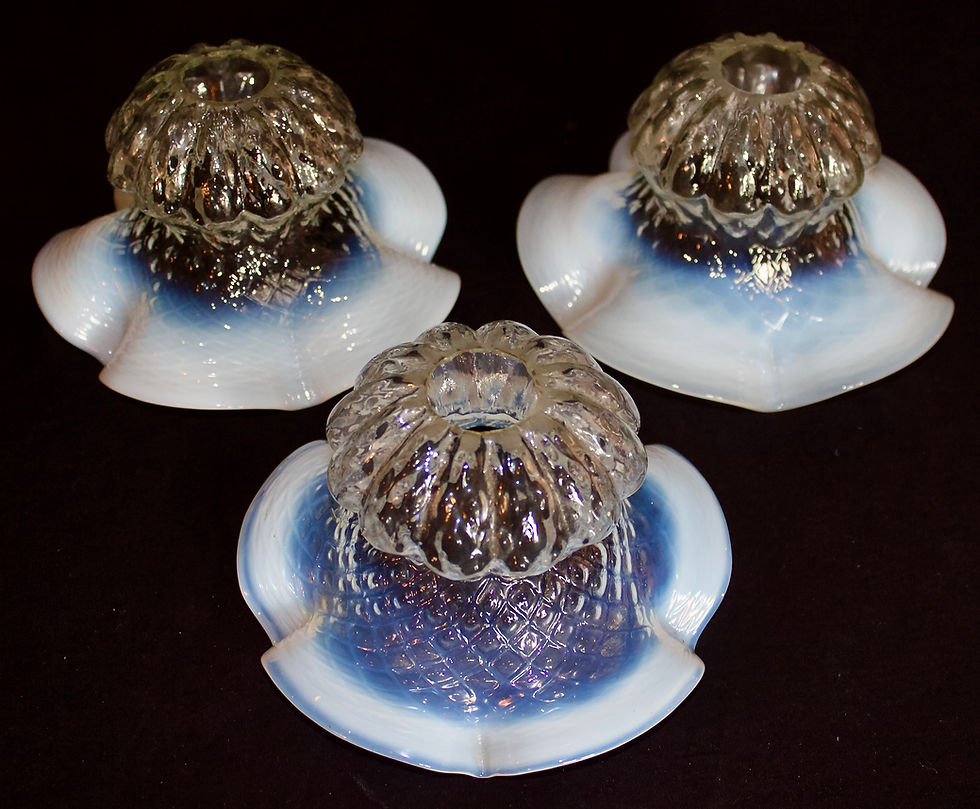 Thumbnail: Stylish Arts and Crafts Brass Chandelier with original vaseline glass shades