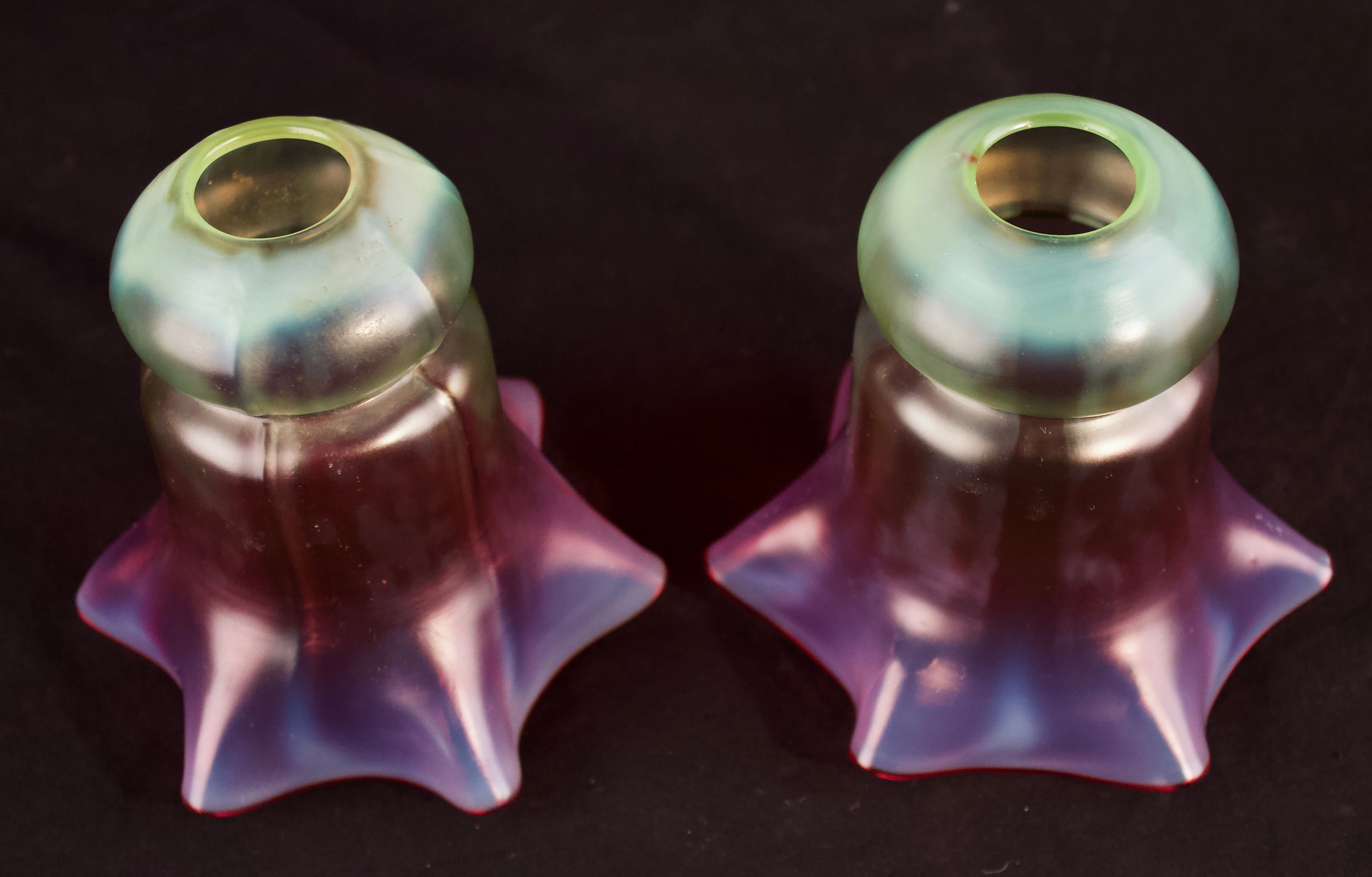 Matching pair of Arts and Crafts Vaseline and Cranberry Glass Lamp Shades