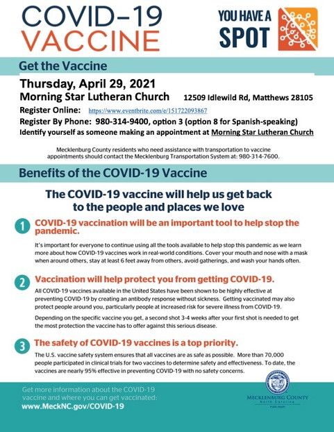 Covid Vaccine, Thursday, April 29, 2021, Morning Star Lutheran Church
