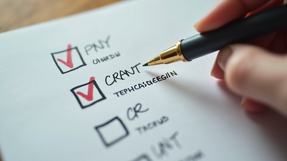 Close-up view of a checklist with the 5 R's of grant writing highlighted