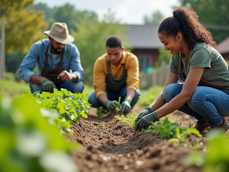 Diverse community members working together in a garden, representing collaborative social business ventures